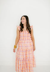 Aureum Orange Plaid Smocked Top Midi Dress