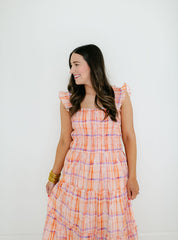 Aureum Orange Plaid Smocked Top Midi Dress