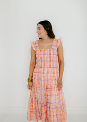 Aureum Orange Plaid Smocked Top Midi Dress