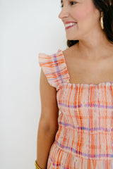 Aureum Orange Plaid Smocked Top Midi Dress