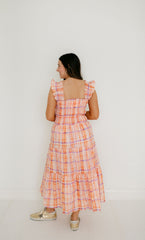 Aureum Orange Plaid Smocked Top Midi Dress