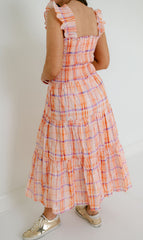 Aureum Orange Plaid Smocked Top Midi Dress
