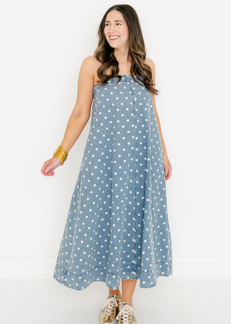 Aureum Polka Dot Denim A-line Midi Dress – 8.28 Boutique Aureum Polka Dot Denim A-line Midi Dress – 8.28 Boutique