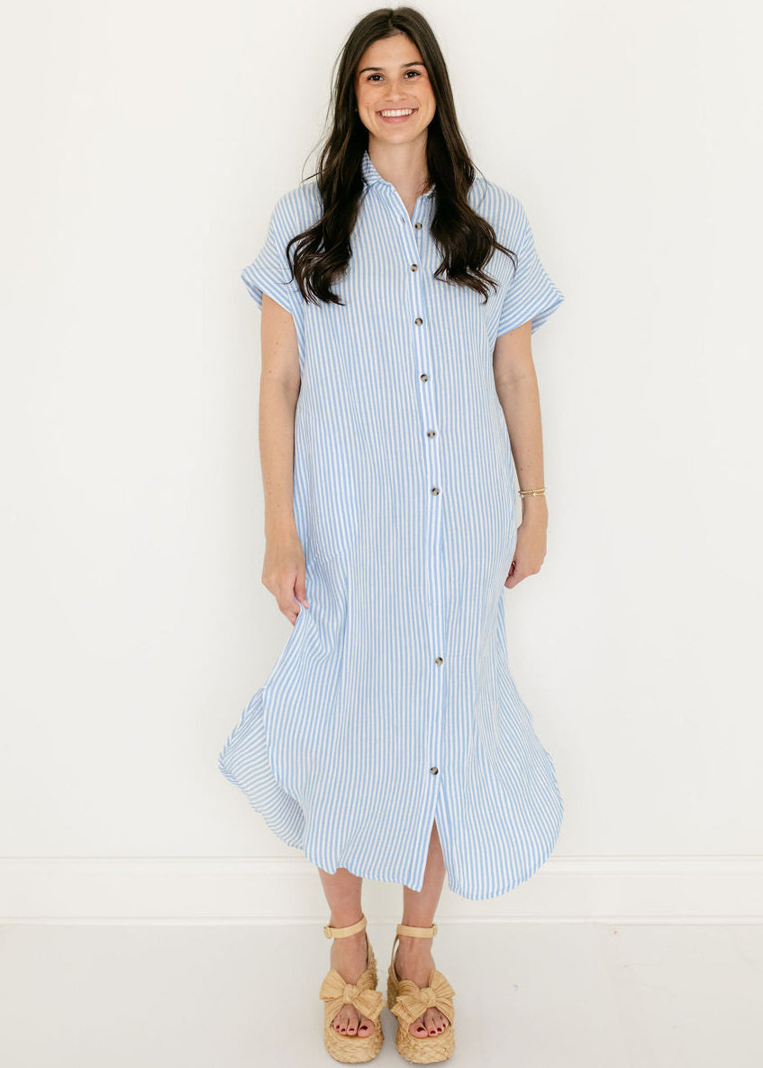 Meet Me in Santorini Blue Gauze Stripe Shirt Dress, M / Blue Stripe