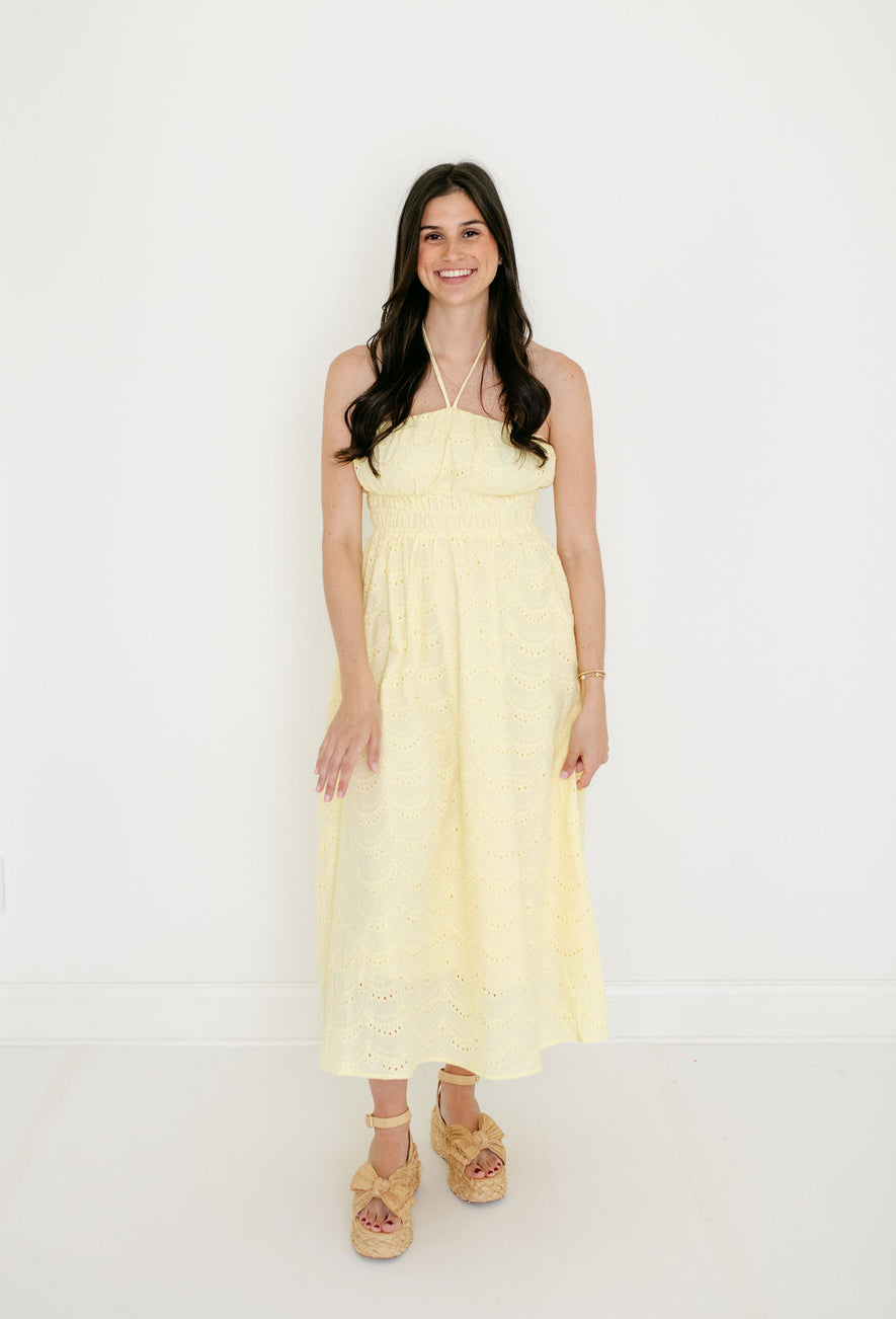 Entro Yellow Eyelet Halter Midi Dress, M / Yellow