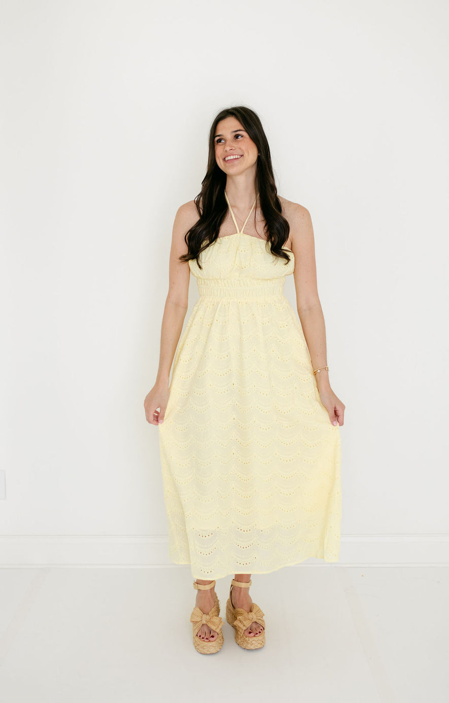 Entro Yellow Eyelet Halter Midi Dress, M / Yellow