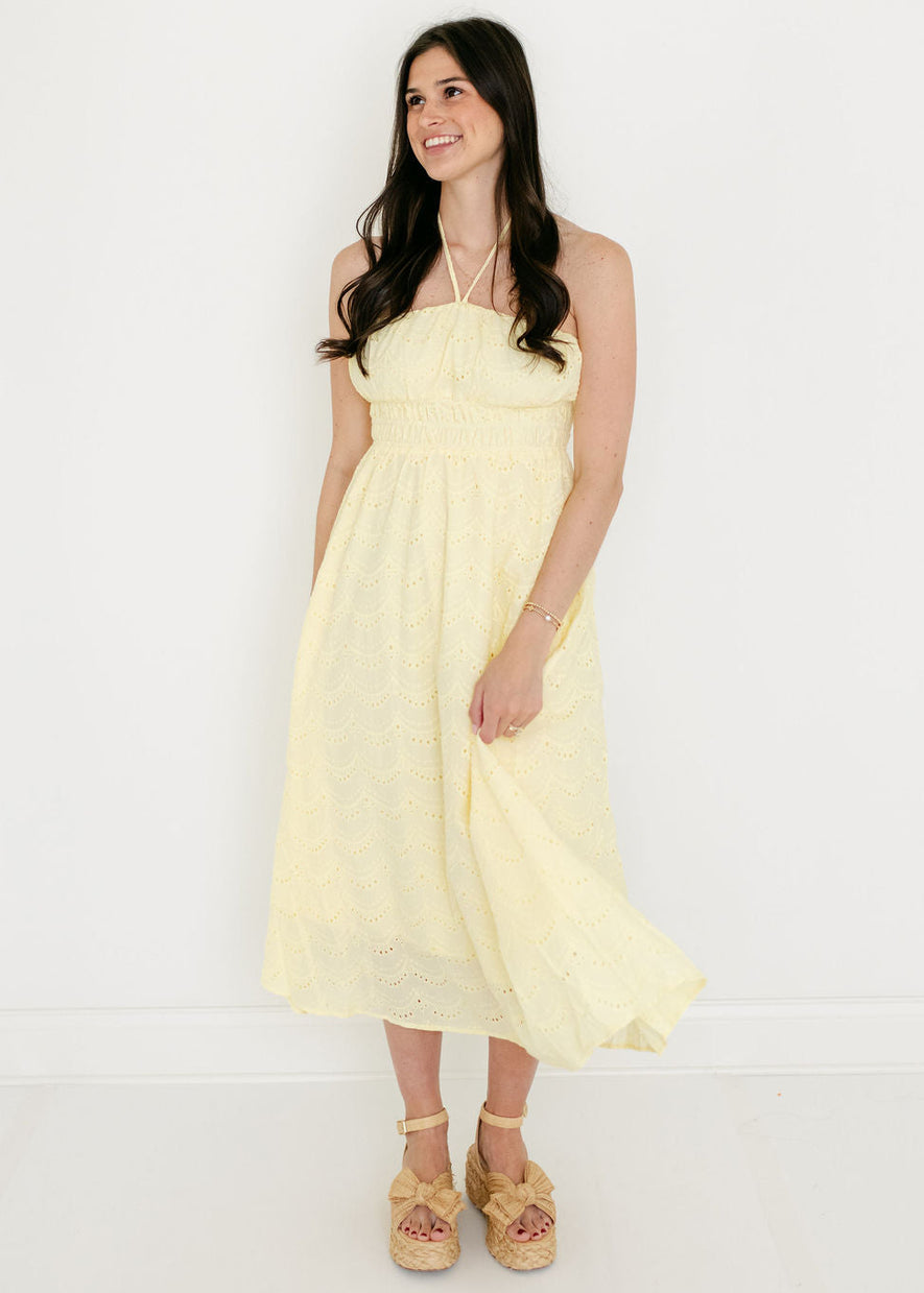 entro midi dress Entro Yellow Eyelet Halter Midi Dress, M / Yellow