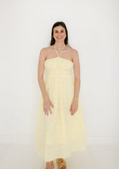 Entro Yellow Eyelet Halter Midi Dress