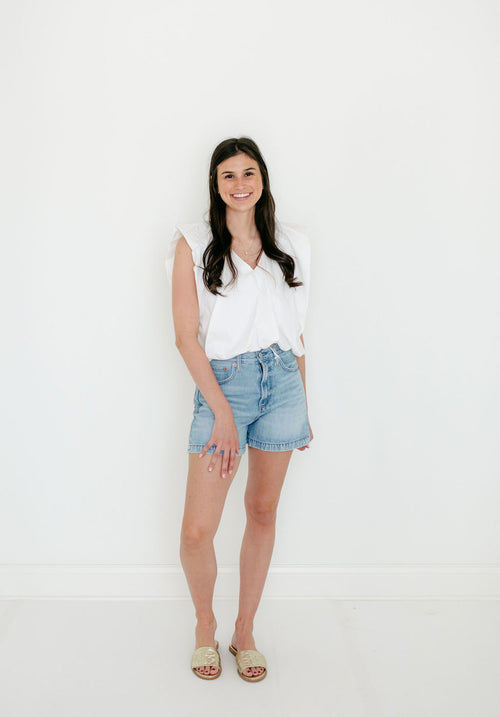 Karlie Solid Poplin V-Neck Bubble Top in White