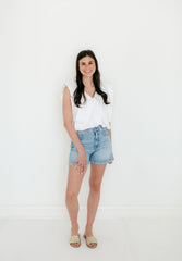 Karlie Solid Poplin V-Neck Bubble Top in White