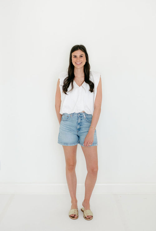 Karlie Solid Poplin V-Neck Bubble Top in White