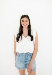 Karlie Solid Poplin V-Neck Bubble Top in White