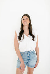 Karlie Solid Poplin V-Neck Bubble Top in White