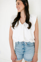 Karlie Solid Poplin V-Neck Bubble Top in White