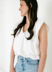 Karlie Solid Poplin V-Neck Bubble Top in White