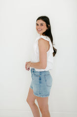 Karlie Solid Poplin V-Neck Bubble Top in White