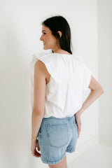 Karlie Solid Poplin V-Neck Bubble Top in White