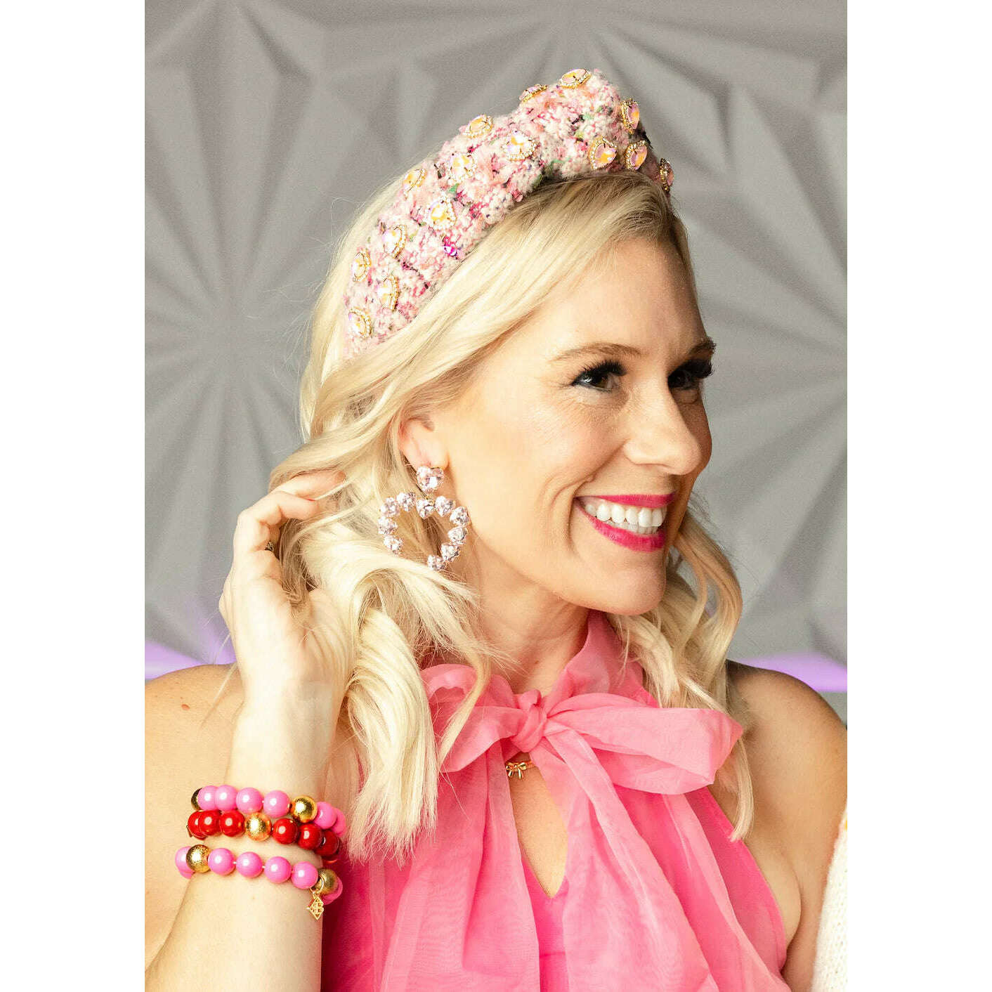 8.28 Boutique:Brianna Cannon,Brianna Cannon Pink Tweed Headband with Pink Pave Iridescent Heart Crystals,headband