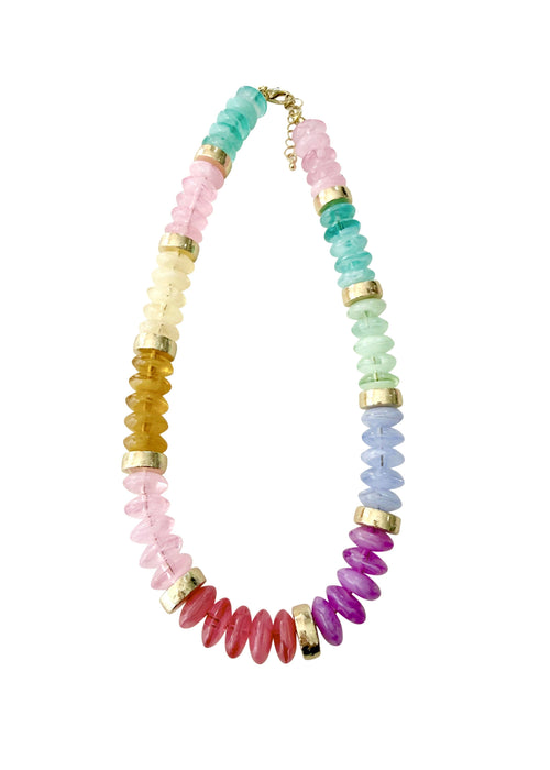 Multicolored beaded necklace with gold accents on a white background
