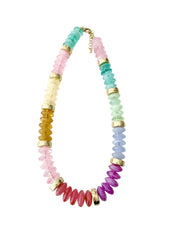 Multicolored beaded necklace with gold accents on a white background