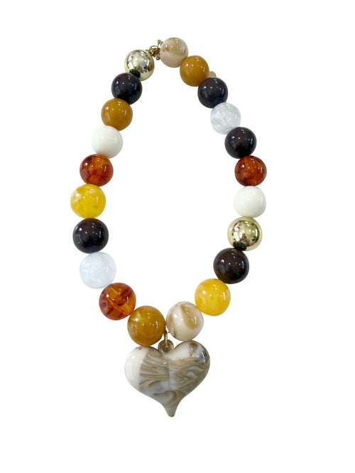 Ella Chunky Beaded Necklace with Heart Charm - Neutral