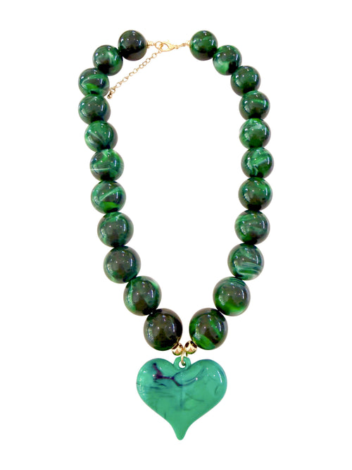 Kaiden Chunky Beaded Necklace with Heart Charm - Green