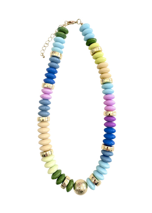 Colorful beaded necklace on a white background