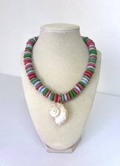 Multi Color Beaded Necklace with Spiral Shell Pendant
