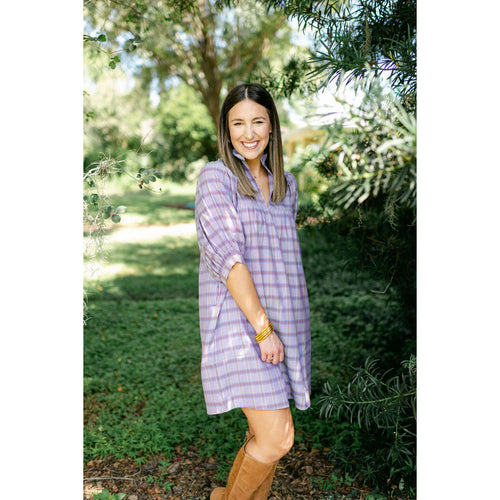 8.28 Boutique:Jade by Melody Tam,Jade Melody Tam Purple Plaid High Neck Puff Sleeve Dress,Dress
