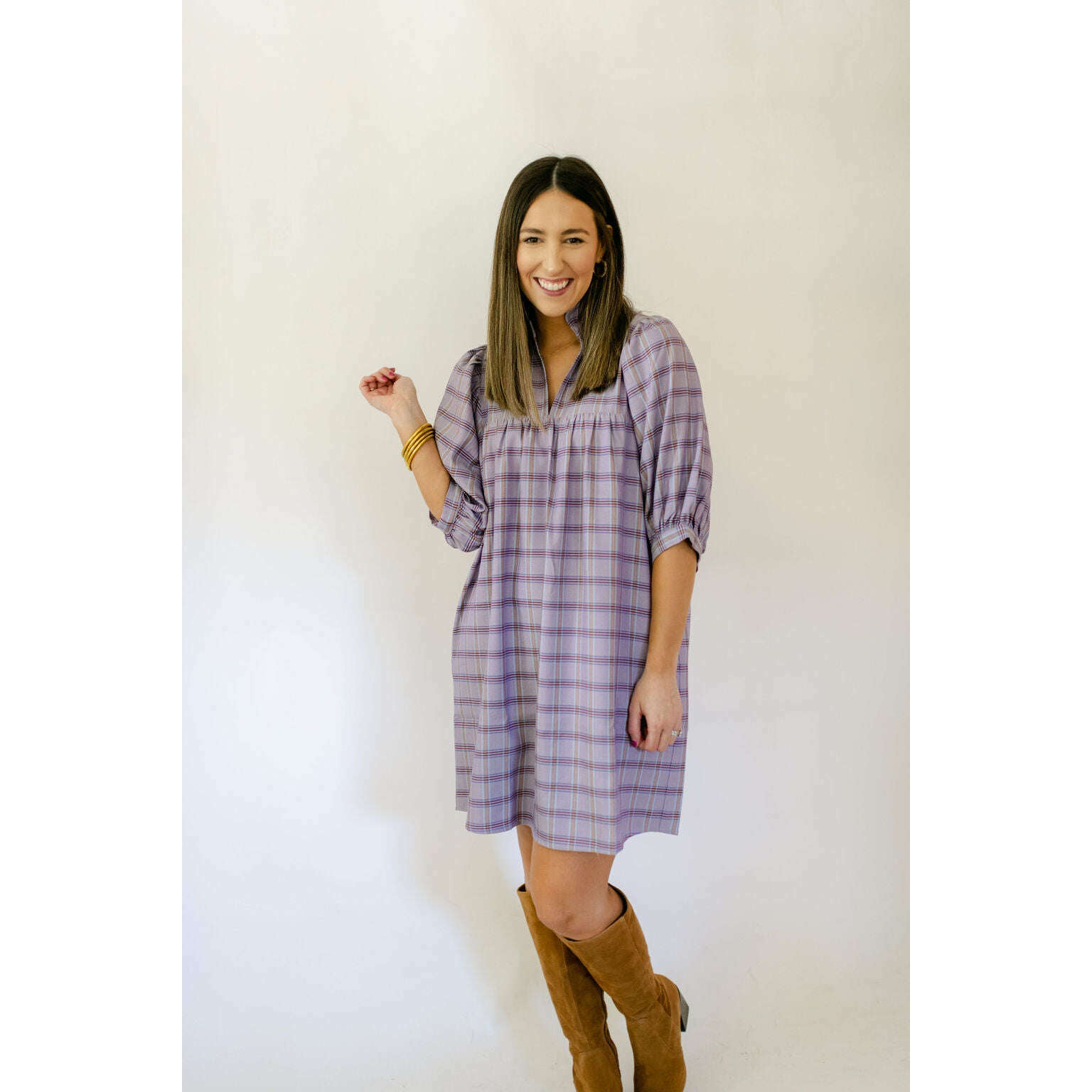 8.28 Boutique:Jade by Melody Tam,Jade Melody Tam Purple Plaid High Neck Puff Sleeve Dress,Dress
