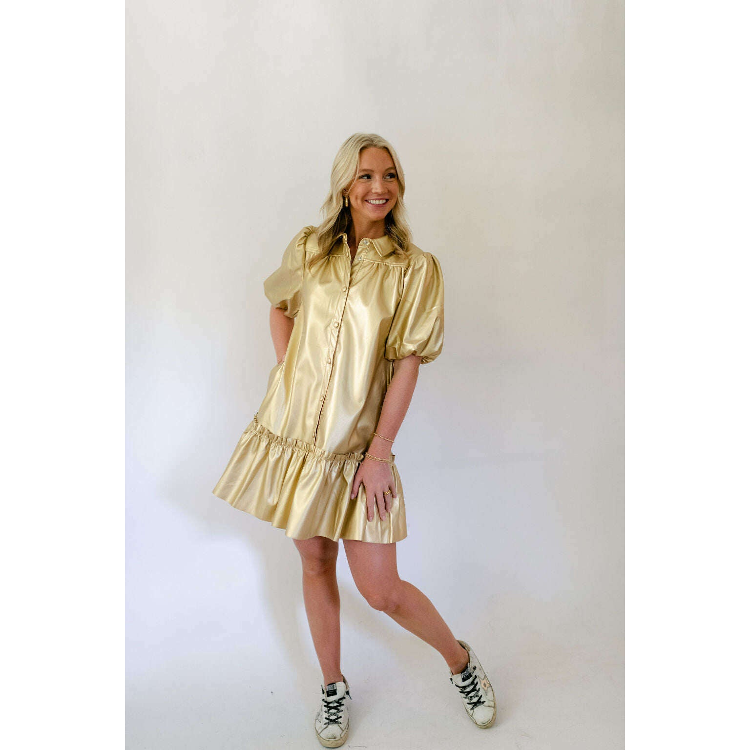 8.28 Boutique:Karlie Clothes,Karlie Clothes Metallic Solid Pleather Ruffle Bottom Dress in Gold,Dress