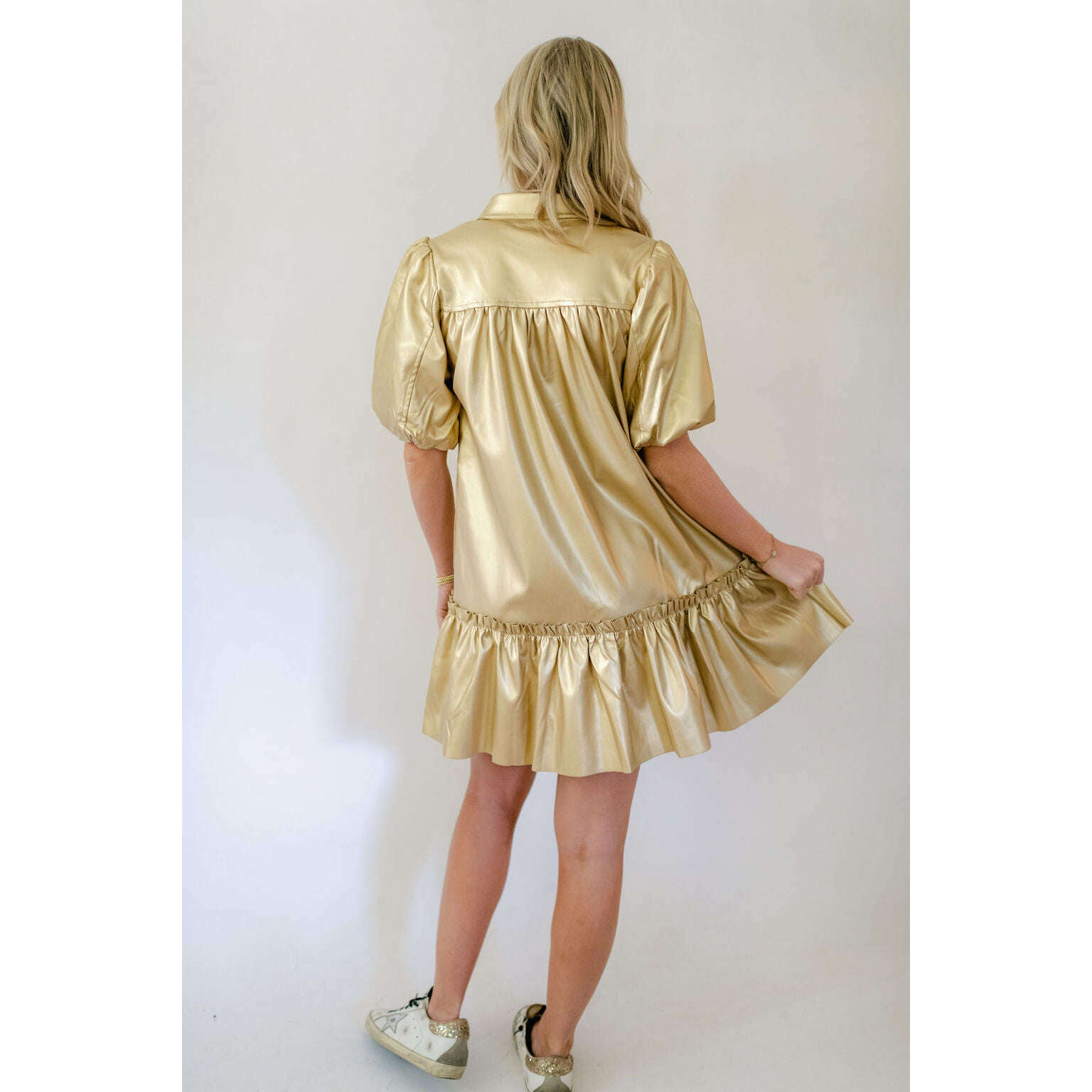 8.28 Boutique:Karlie Clothes,Karlie Clothes Metallic Solid Pleather Ruffle Bottom Dress in Gold,Dress
