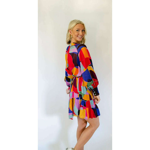 8.28 Boutique:Karlie Clothes,Karlie Multi Mosaic V-Neck Button Braid Sash Dress,Dress