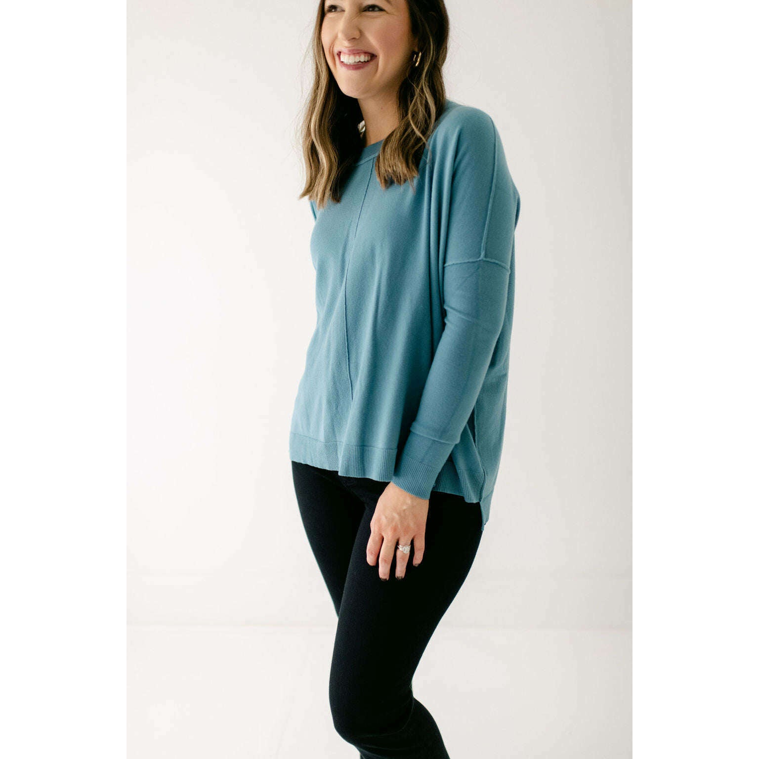 8.28 Boutique:Karlie Clothes,Karlie Solid Novelty Crew Sweater in Dusty Blue,Sweaters