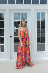 Karlie Swirl Satin Bustier Pleated Maxi Dress