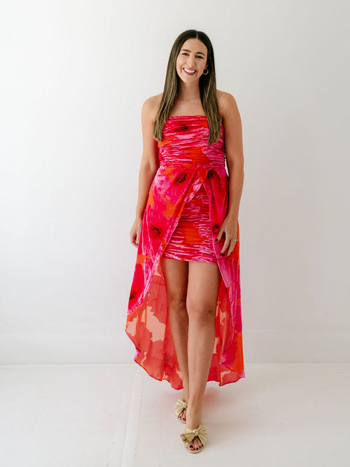 8.28 Boutique:Hutch,Hutch Lissi Strapless Ruched Mini Dress in Grenadine Painted Floral,Dress