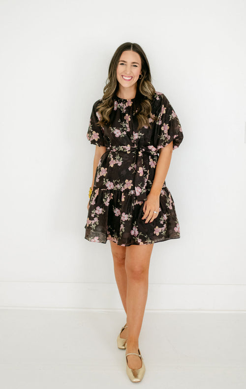 8.28 Boutique:Joy*Joy,Joy*Joy Midnight Floral Ruched Shoulder Dress,Dress