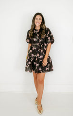 8.28 Boutique:Joy*Joy,Joy*Joy Midnight Floral Ruched Shoulder Dress,Dress