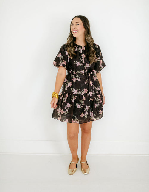 8.28 Boutique:Joy*Joy,Joy*Joy Midnight Floral Ruched Shoulder Dress,Dress