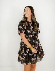 8.28 Boutique:Joy*Joy,Joy*Joy Midnight Floral Ruched Shoulder Dress,Dress