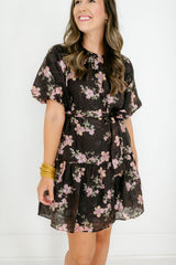 8.28 Boutique:Joy*Joy,Joy*Joy Midnight Floral Ruched Shoulder Dress,Dress