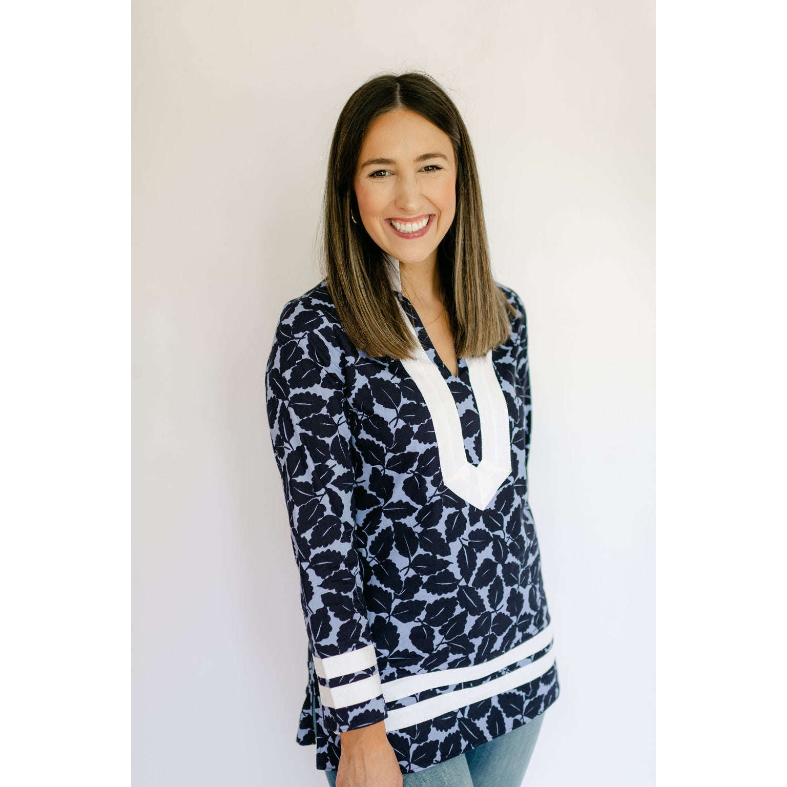 8.28 Boutique:Sail to Sable,Sail to Sable Long Sleeve Classic Tunic in Navy Hydrangea,Tops