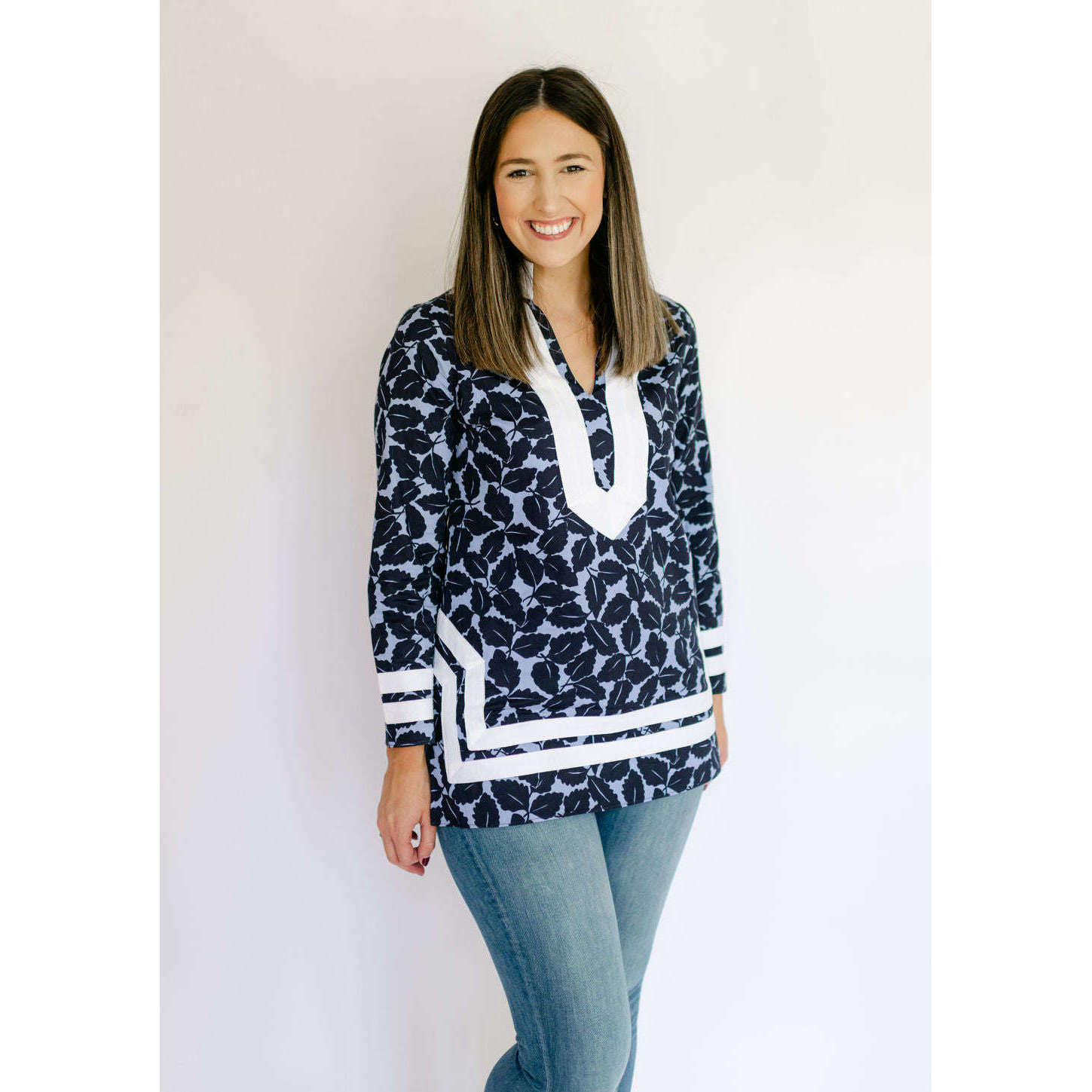 8.28 Boutique:Sail to Sable,Sail to Sable Long Sleeve Classic Tunic in Navy Hydrangea,Tops