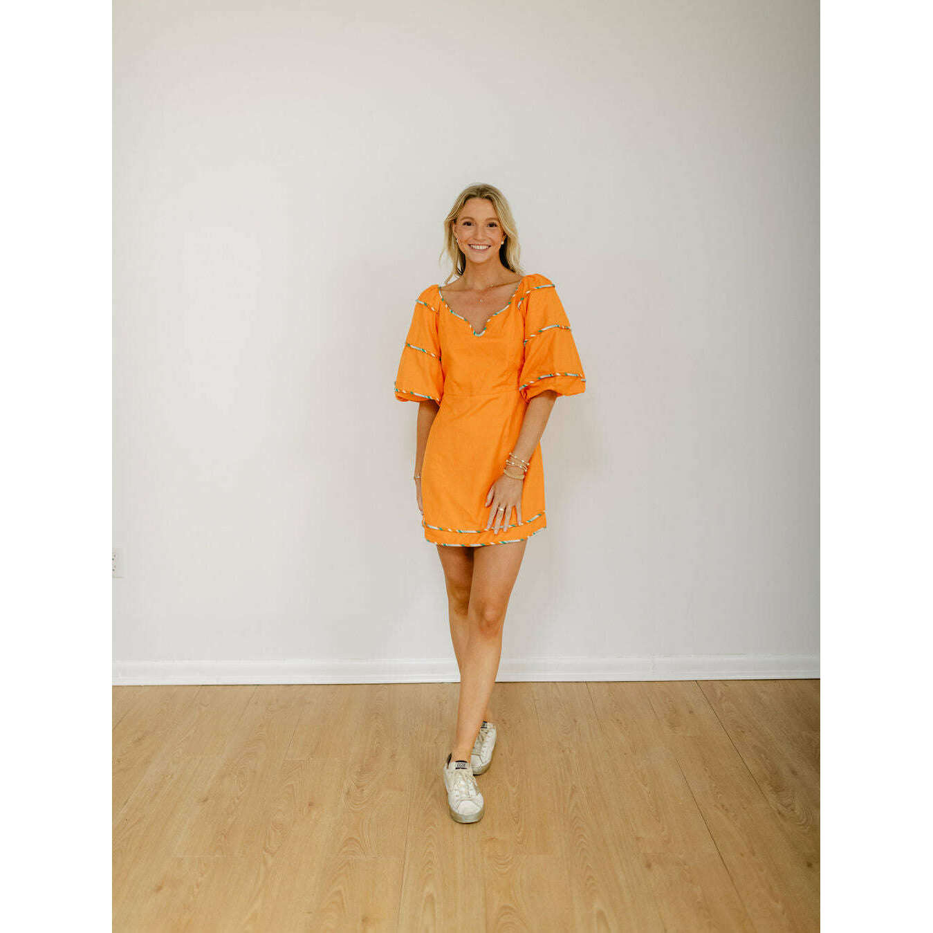 orange puff sleeve mini dress Orange Backless Puff Sleeve Mini Dress