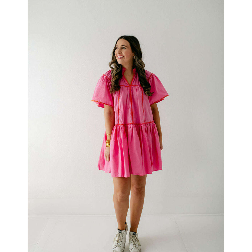 Karlie Pink Embroidered V-Neck Tiered Dress