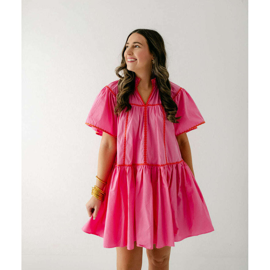 Karlie Pink Embroidered V-Neck Tiered Dress