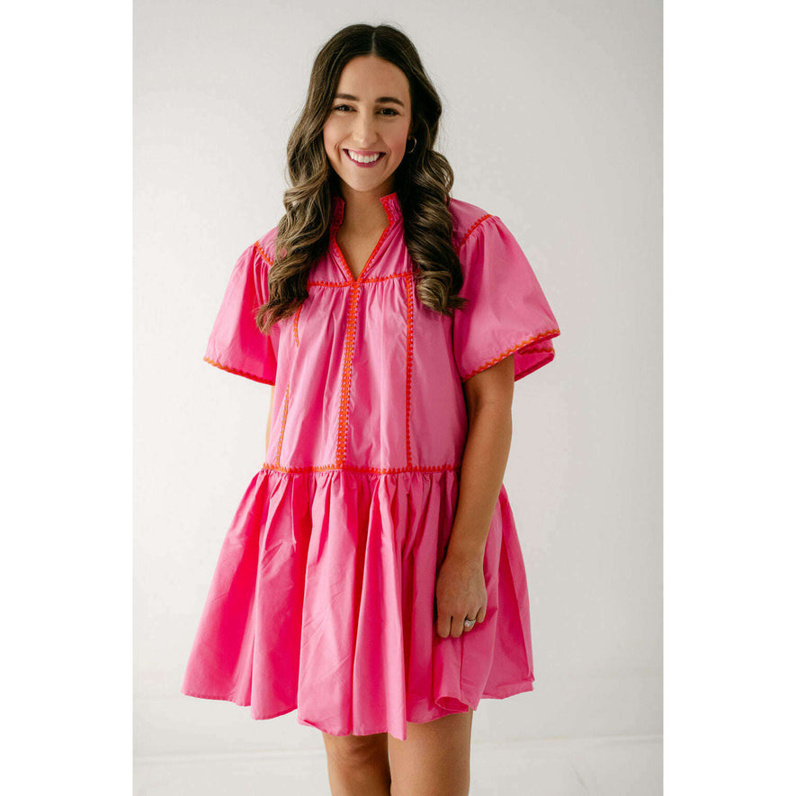 Karlie Pink Embroidered V-Neck Tiered Dress