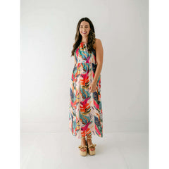 8.28 Boutique:Jade by Melody Tam,Jade Melody Tam Tropical Foliage Front Cross Halter Maxi,Dresses