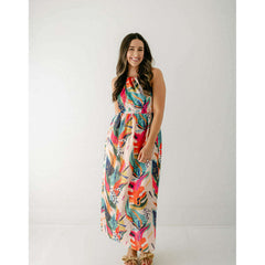 8.28 Boutique:Jade by Melody Tam,Jade Melody Tam Tropical Foliage Front Cross Halter Maxi,Dresses