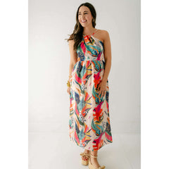 8.28 Boutique:Jade by Melody Tam,Jade Melody Tam Tropical Foliage Front Cross Halter Maxi,Dresses